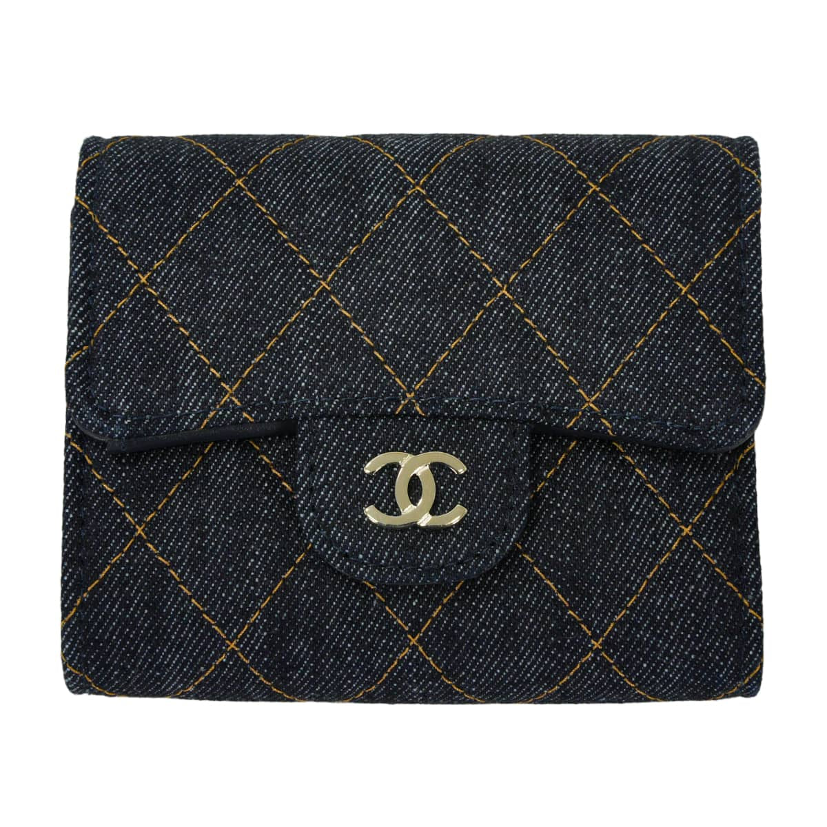 CHANEL Tri-fold wallet compact small flap COCO Mark Matelasse Navy Denim Champagne Gold HW AP0229[EXCELLENT][Authentic]