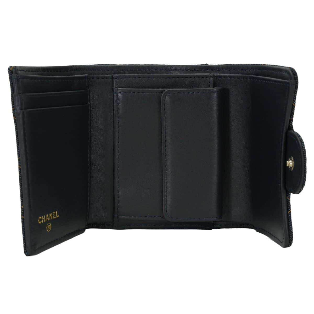 CHANEL Tri-fold wallet compact small flap COCO Mark Matelasse Navy Denim Champagne Gold HW AP0229[EXCELLENT][Authentic]