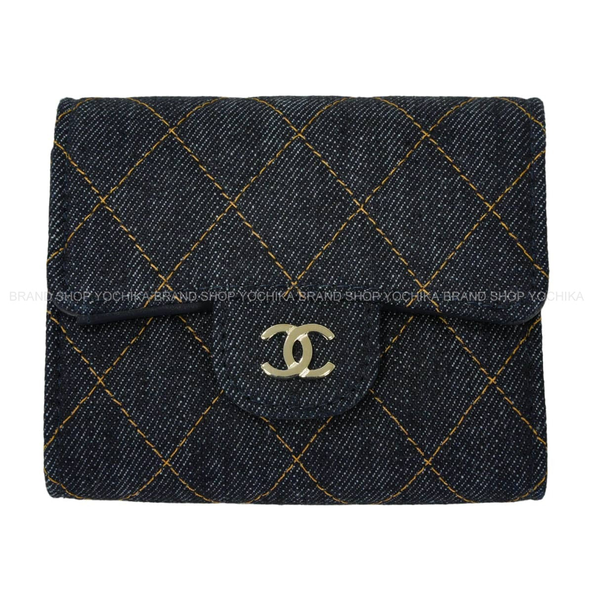 CHANEL Tri-fold wallet compact small flap COCO Mark Matelasse Navy Denim Champagne Gold HW AP0229[EXCELLENT][Authentic]