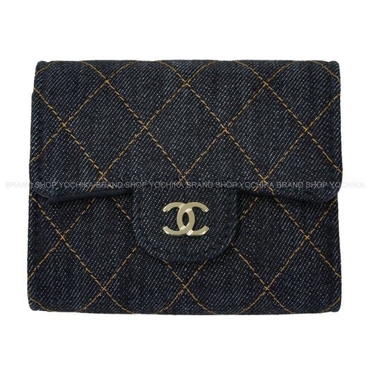 CHANEL Tri-fold wallet compact small flap COCO Mark Matelasse Navy Denim Champagne Gold HW AP0229[EXCELLENT][Authentic]