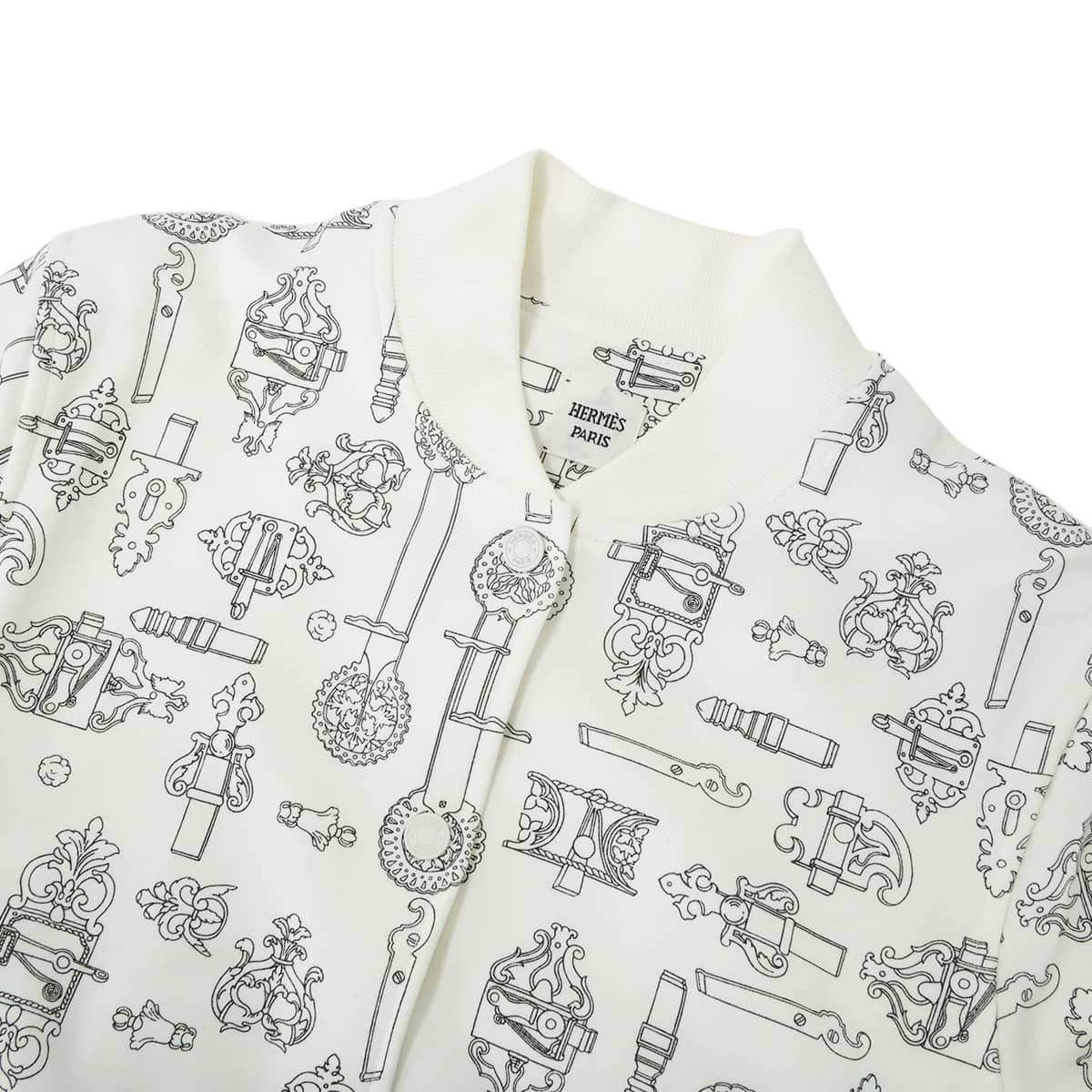 HERMES Blouson Teddy Ferronnerie Remix Print Clou de Selle Blan Casse Cotton100% #40 Silver HW H6E4218DG[ALMOST NEW][Authentic]