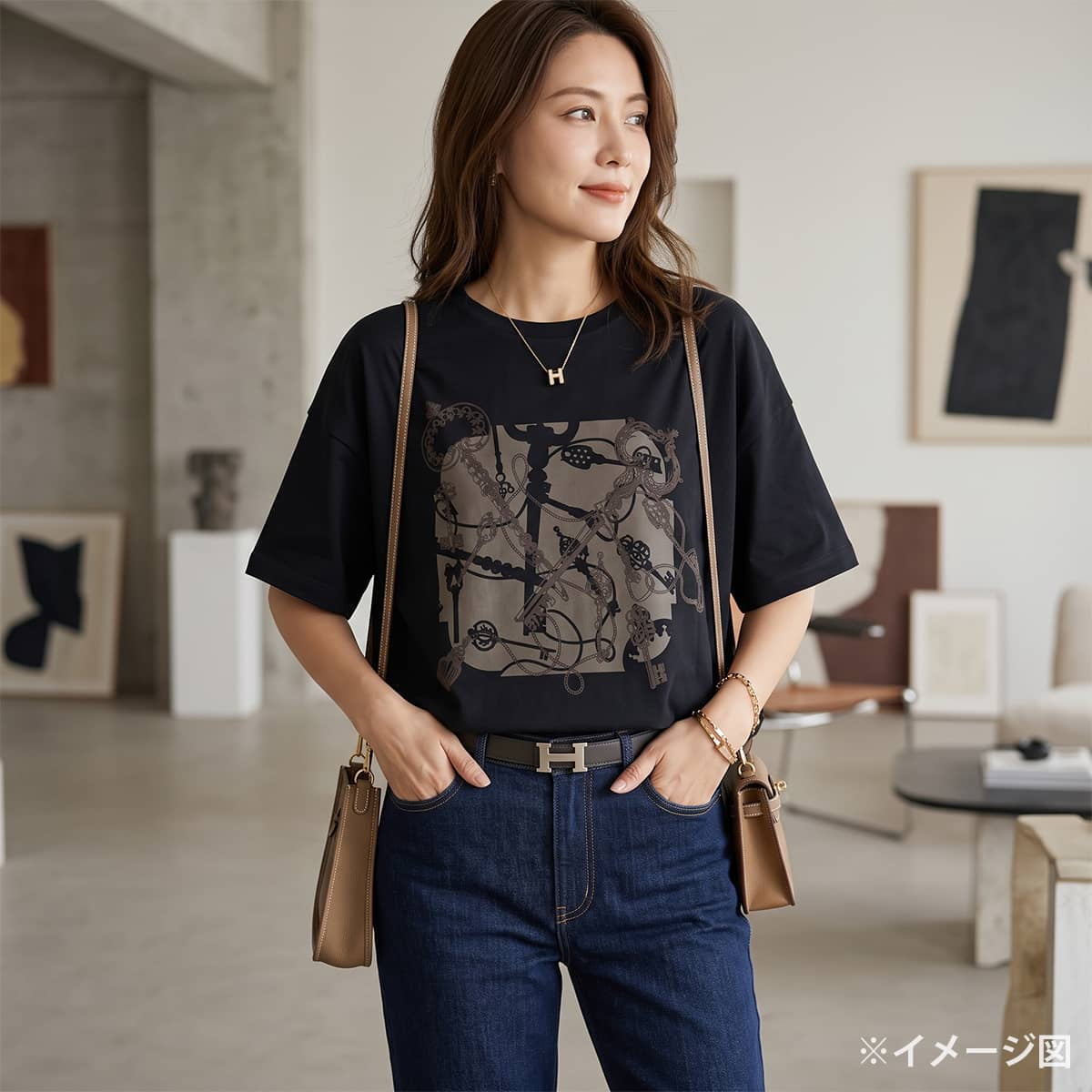 2025-26AW HERMES Short sleeve t shirt Cartouche Les Cles Noir (Black) Cotton100% #38 5E4624DA[EXCELLENT][Authentic]