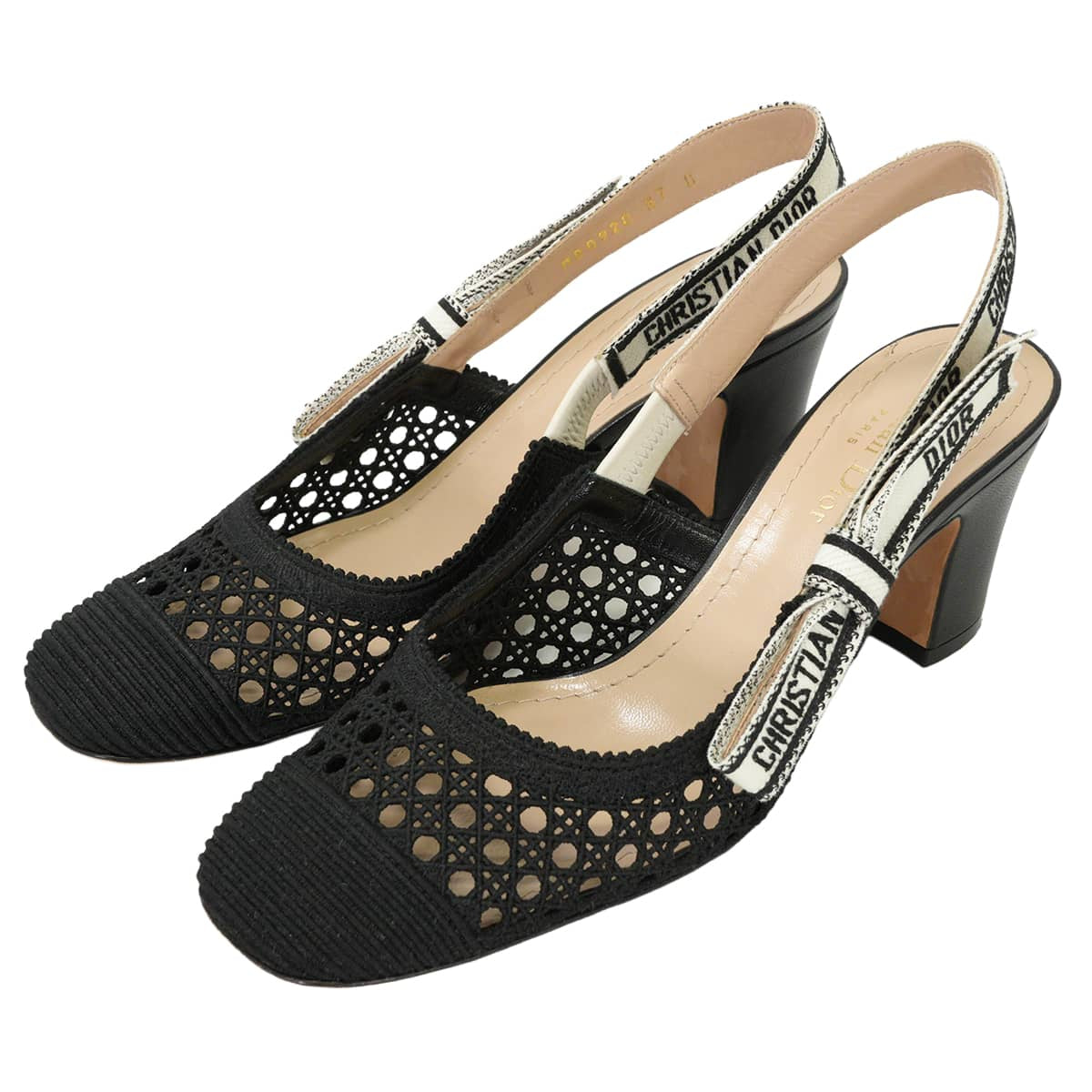 [Pre-loved] 2017SS Dior sandals Dior & Moi J'A DIOR Slingback Mesh Pumps Ribbon Noir (Black)/Blanc (White) Cotton/Calfskin #37D MD0920[LIKE NEW][Authentic]
