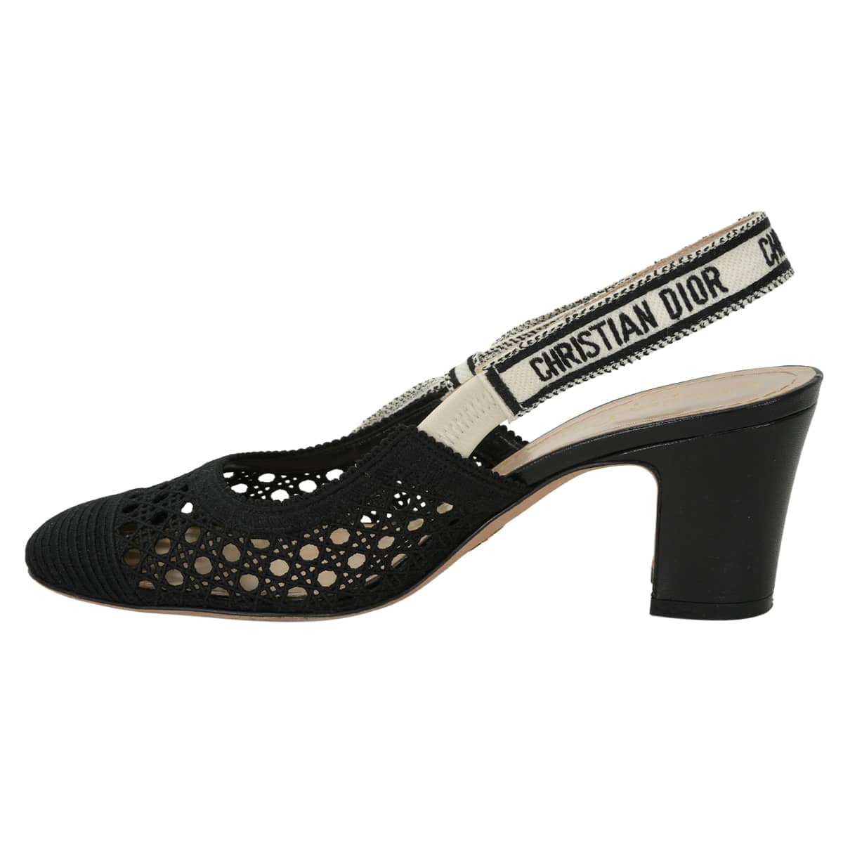 [Pre-loved] 2017SS Dior sandals Dior & Moi J'A DIOR Slingback Mesh Pumps Ribbon Noir (Black)/Blanc (White) Cotton/Calfskin #37D MD0920[LIKE NEW][Authentic]