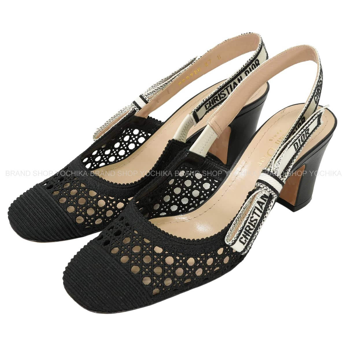 [Pre-loved] 2017SS Dior sandals Dior & Moi J'A DIOR Slingback Mesh Pumps Ribbon Noir (Black)/Blanc (White) Cotton/Calfskin #37D MD0920[LIKE NEW][Authentic]