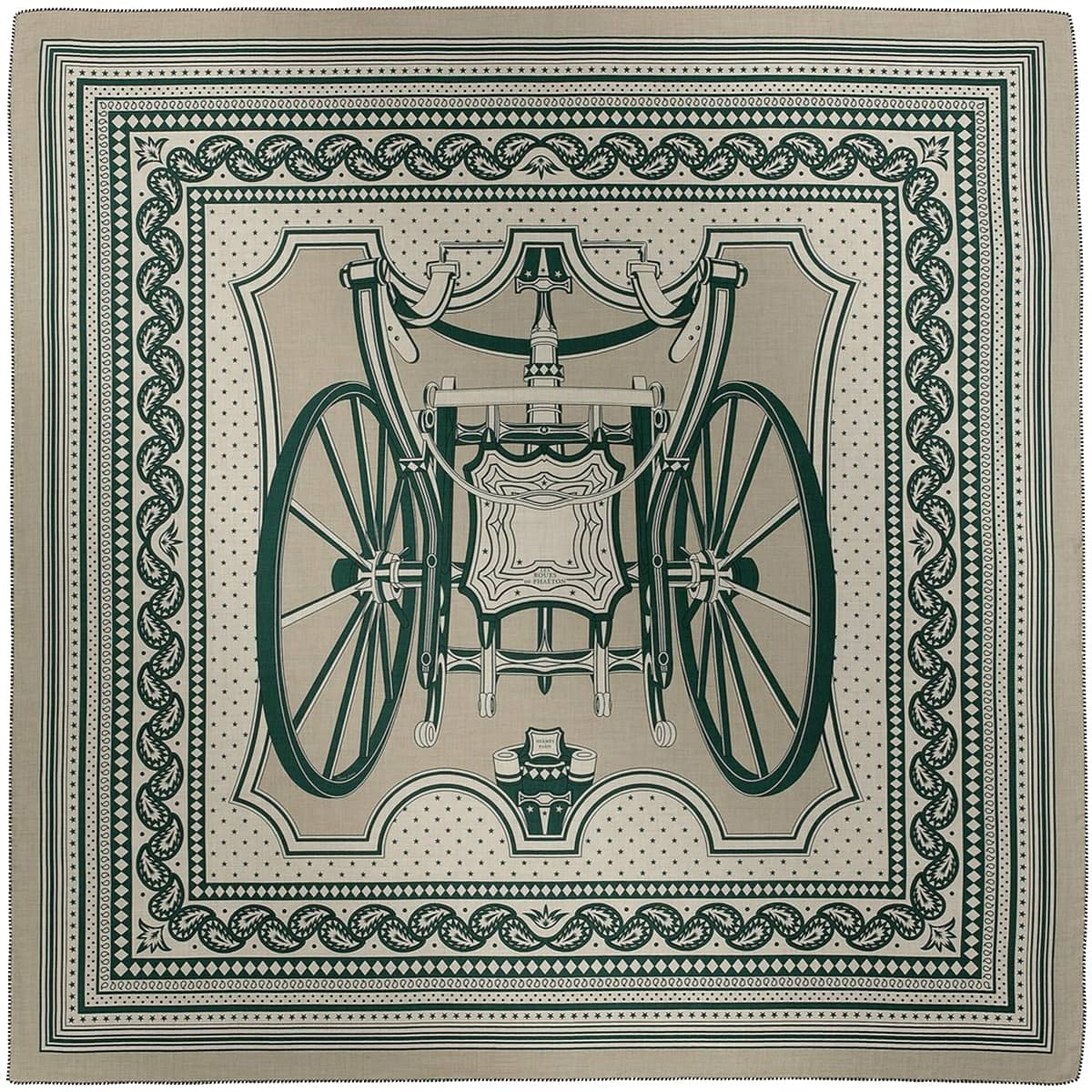 2024SS HERMES scarf Carre 140 Geant LES ROUES DE PHAETON BandanaTourterelle/Natural/Green Cashmere/Silk[EXCELLENT][Authentic]