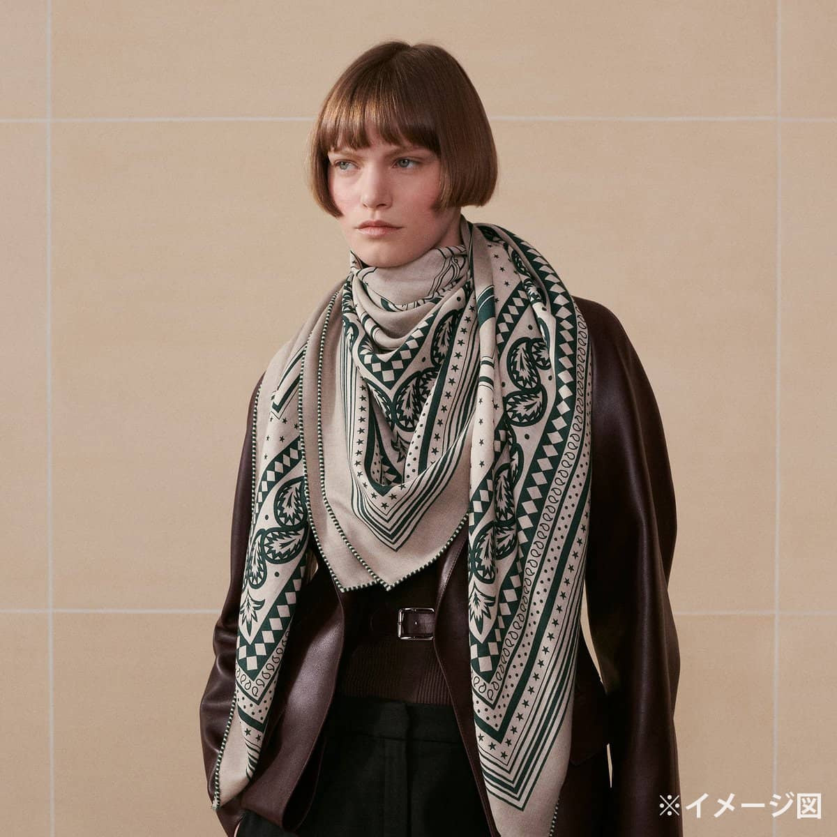 2024SS HERMES scarf Carre 140 Geant LES ROUES DE PHAETON BandanaTourterelle/Natural/Green Cashmere/Silk[EXCELLENT][Authentic]