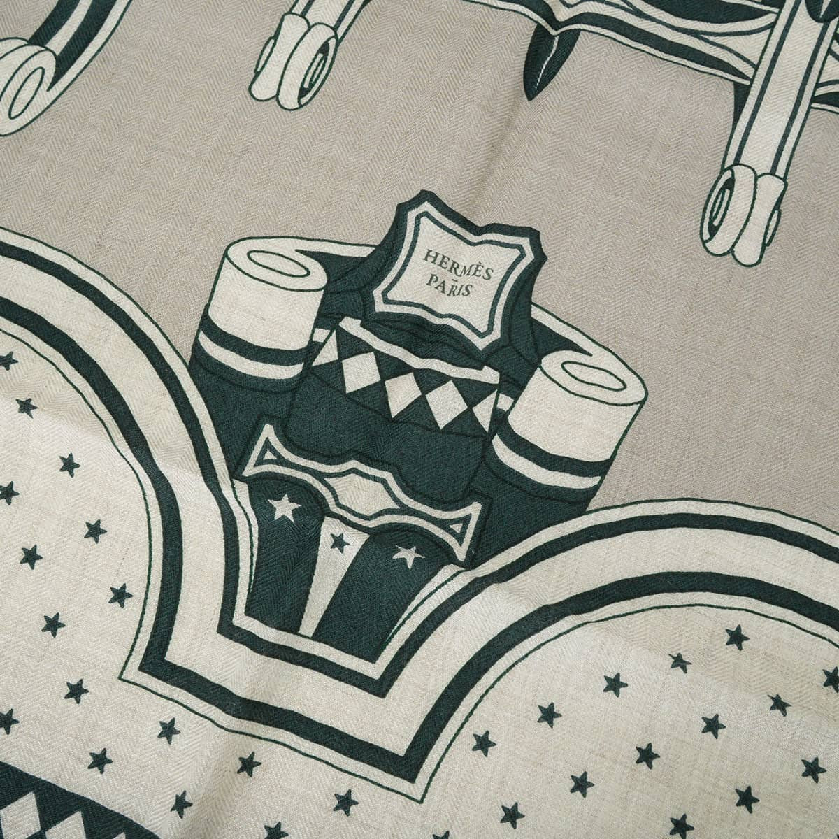 2024SS HERMES scarf Carre 140 Geant LES ROUES DE PHAETON BandanaTourterelle/Natural/Green Cashmere/Silk[EXCELLENT][Authentic]