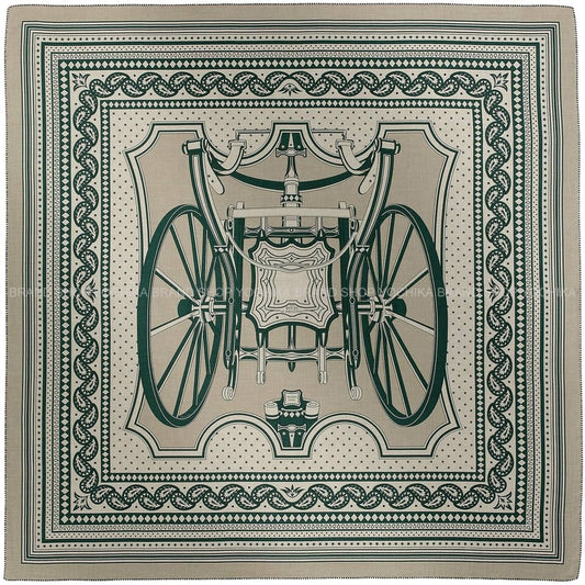 2024SS HERMES scarf Carre 140 Geant LES ROUES DE PHAETON BandanaTourterelle/Natural/Green Cashmere/Silk[EXCELLENT][Authentic]