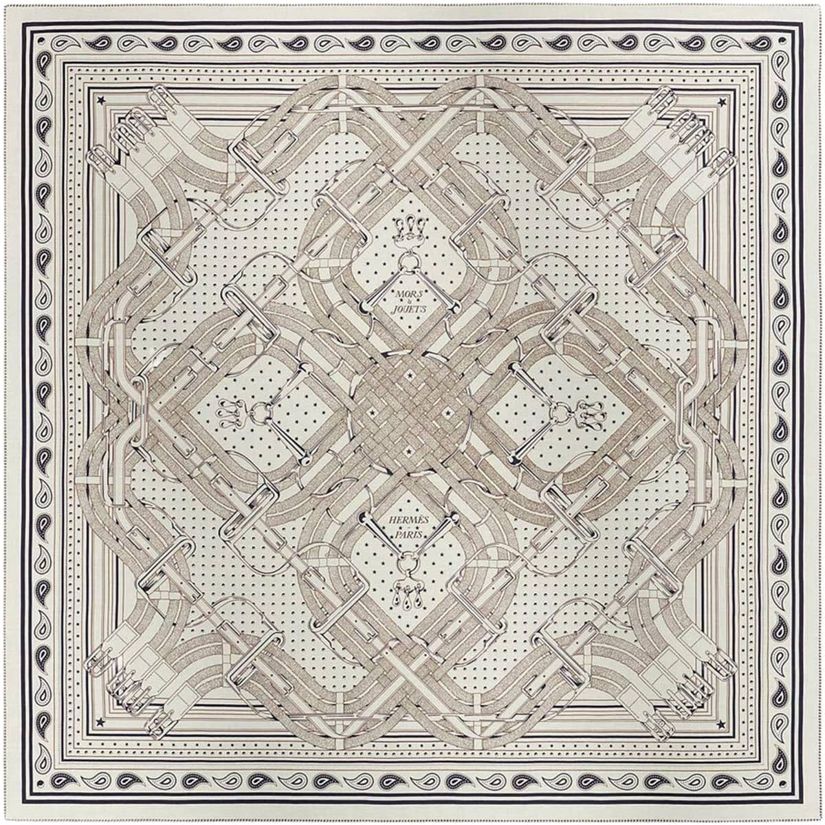 2026SS HERMES scarf Carre 140 Geant Mors a Jouets Bandana Giant scarf Blanc (White)/Blue Marine/Ebene Cashmere/Silk H244354S[EXCELLENT][Authentic]