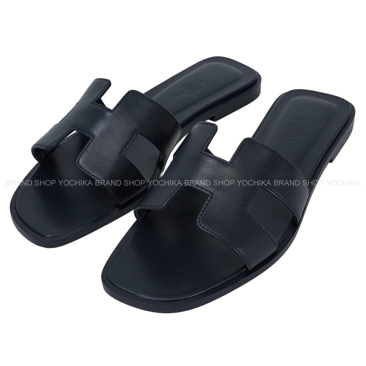 HERMES sandals Oran Bleu Nuit Box Calf #37.5[EXCELLENT][Authentic]