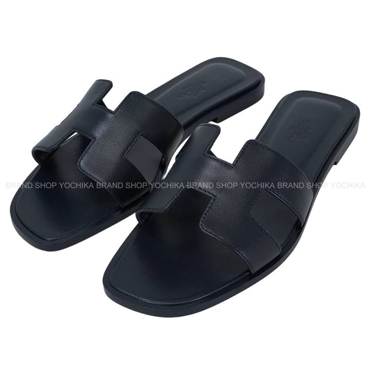 HERMES sandals Oran Bleu Nuit Box Calf #37.5[EXCELLENT][Authentic]
