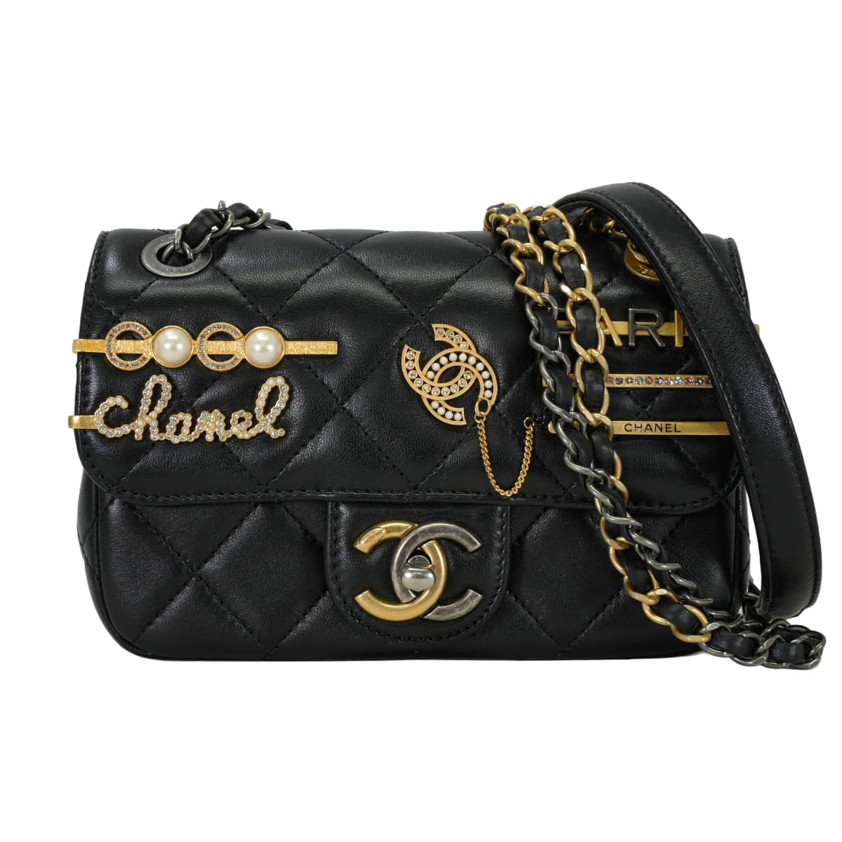 [Pre-loved] CHANEL Shoulder bag Matelasse Clip Coco Double Chain Icon Noir (Black)/Gold Lambskin/Rhinestone/Pearl Gold HW AS2978[LIKE NEW][Authentic]