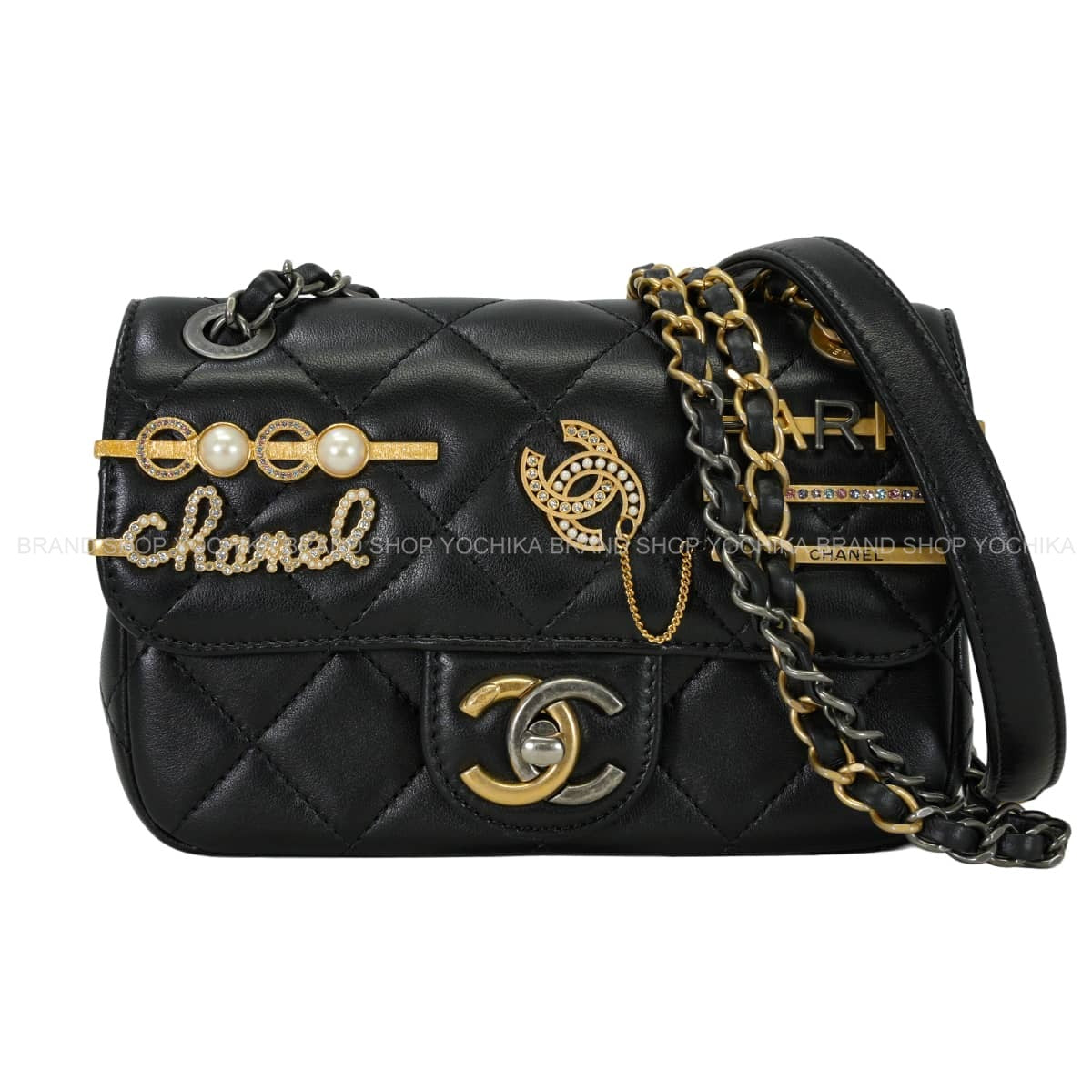 [Pre-loved] CHANEL Shoulder bag Matelasse Clip Coco Double Chain Icon Noir (Black)/Gold Lambskin/Rhinestone/Pearl Gold HW AS2978[LIKE NEW][Authentic]