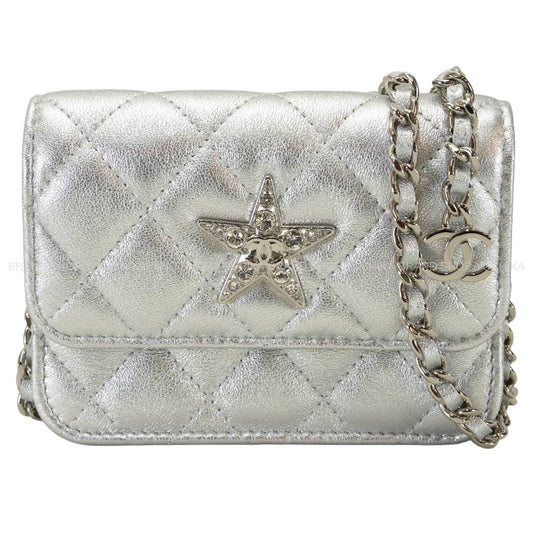 2023 VIP Customers only Year's Gift CHANEL Pouch Mini Chain Bag Matelasse COCO Mark Star Rhinestones Silver Metallic Lambskin[EXCELLENT][Authentic]