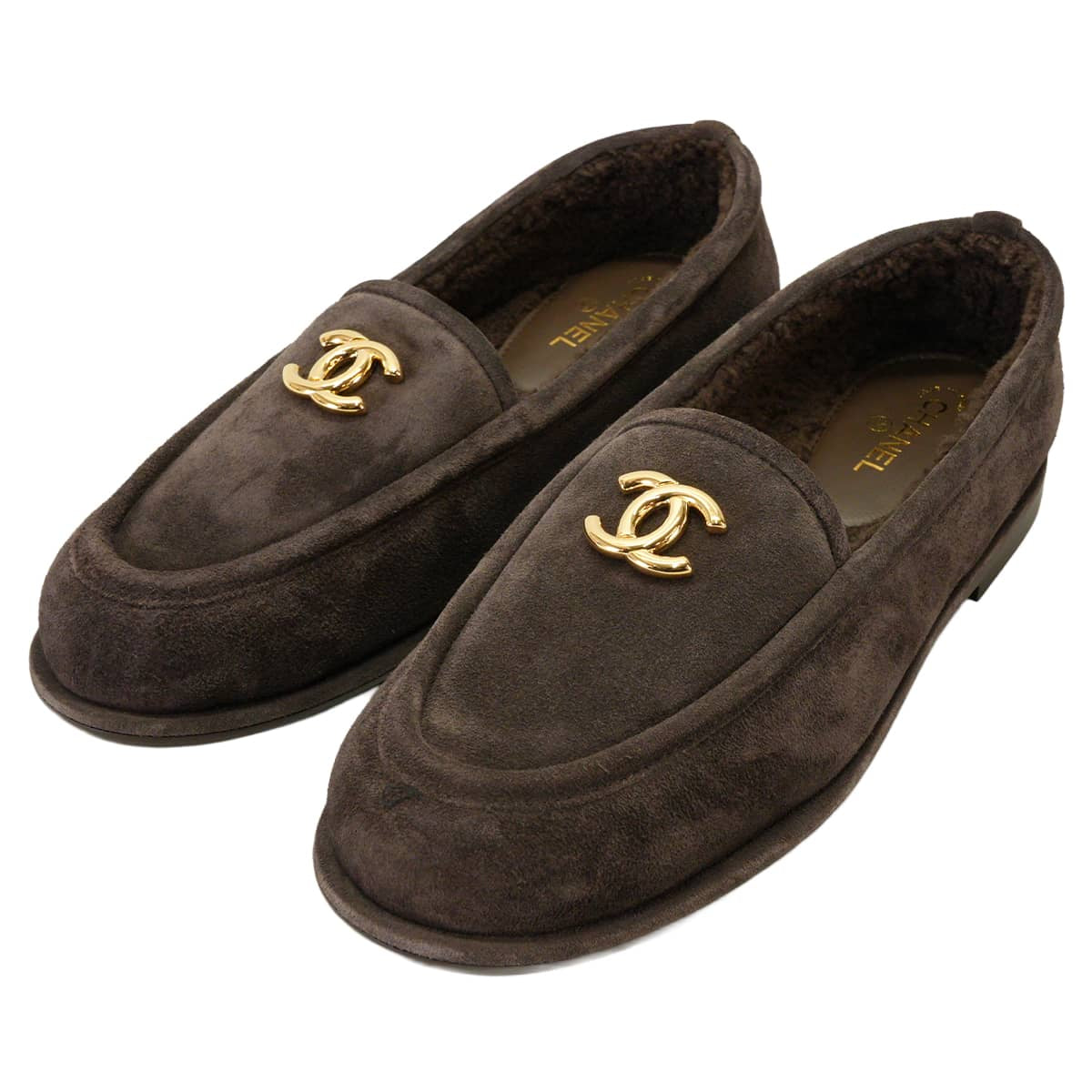 CHANEL Moccasins Women's COCO Mark Brown Suede/Boa #38C Gold HW G45886[BRAND NEW][Authentic]