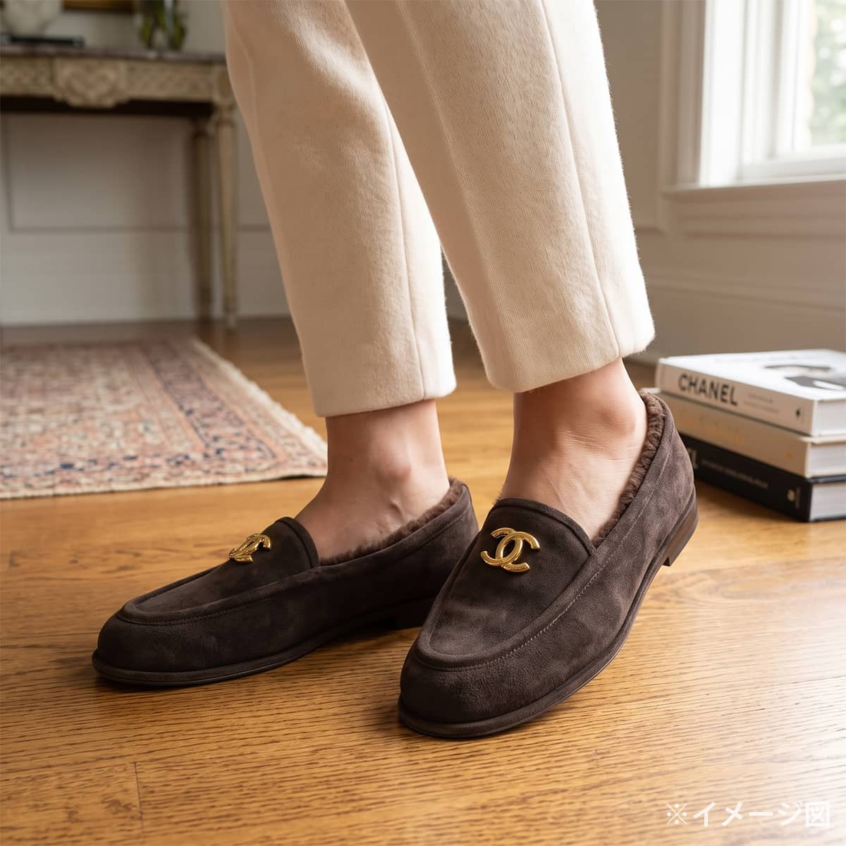 CHANEL Moccasins Women's COCO Mark Brown Suede/Boa #38C Gold HW G45886[BRAND NEW][Authentic]