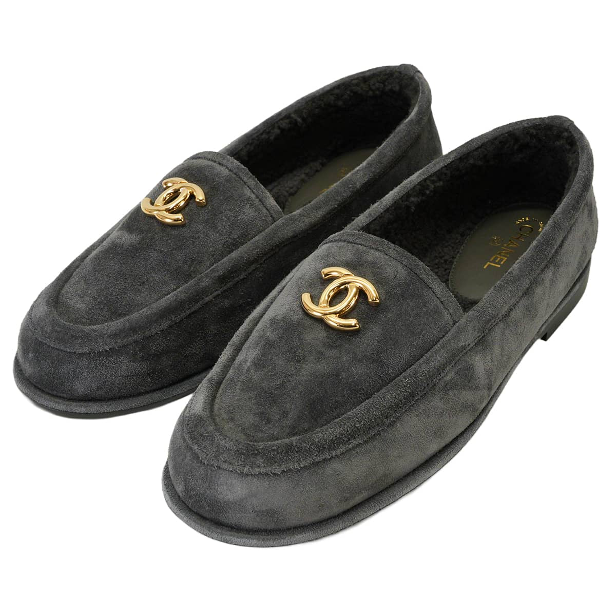 CHANEL Moccasins Women's COCO Mark Grey Suede/Boa #38C Gold HW G45886[ALMOST NEW][Authentic]