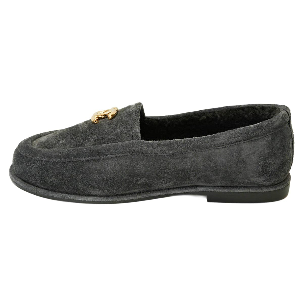 CHANEL Moccasins Women's COCO Mark Grey Suede/Boa #38C Gold HW G45886[ALMOST NEW][Authentic]