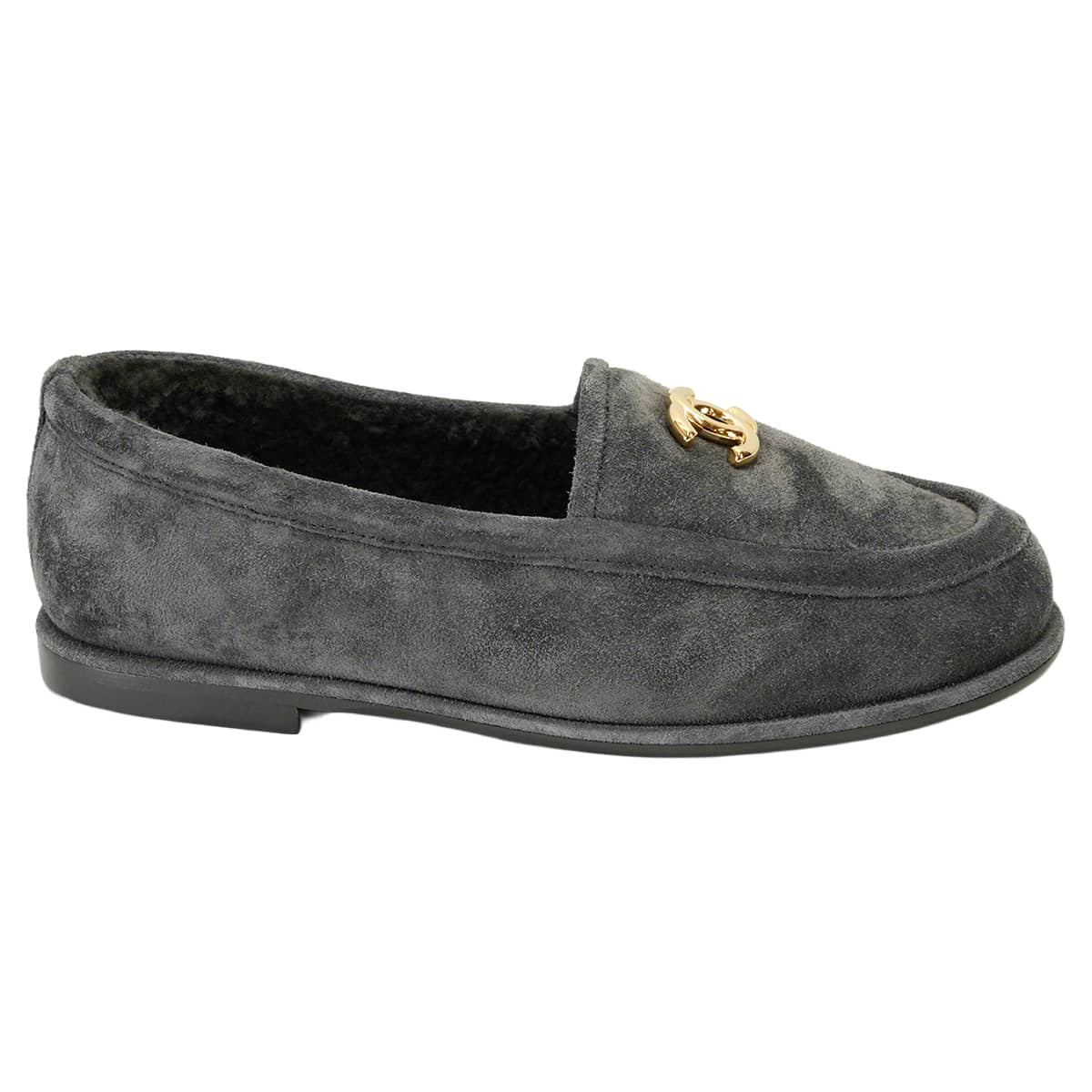 CHANEL Moccasins Women's COCO Mark Grey Suede/Boa #38C Gold HW G45886[ALMOST NEW][Authentic]