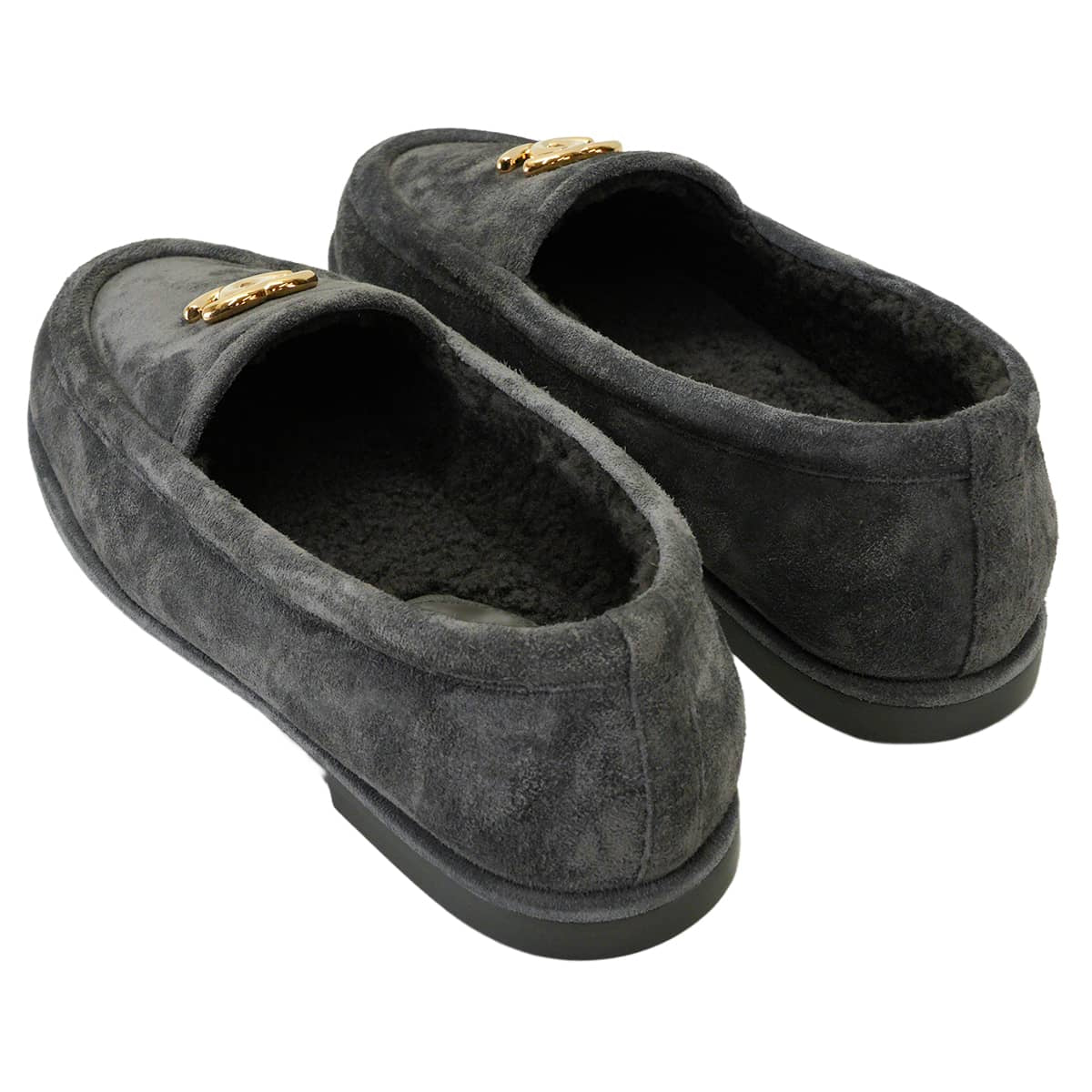 CHANEL Moccasins Women's COCO Mark Grey Suede/Boa #38C Gold HW G45886[ALMOST NEW][Authentic]