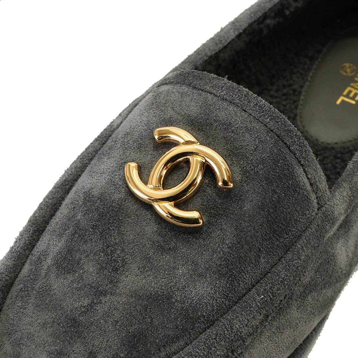 CHANEL Moccasins Women's COCO Mark Grey Suede/Boa #38C Gold HW G45886[ALMOST NEW][Authentic]