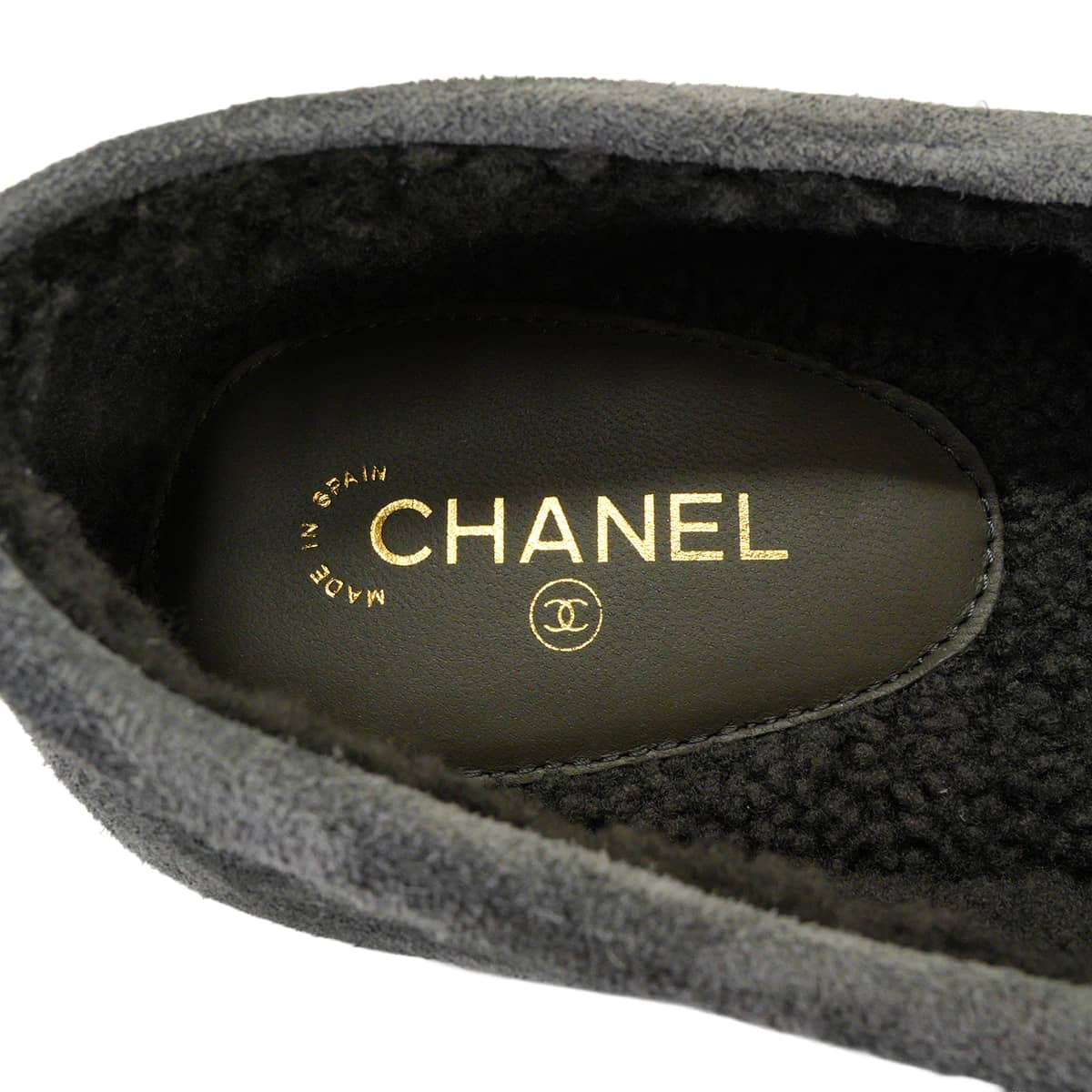 CHANEL Moccasins Women's COCO Mark Grey Suede/Boa #38C Gold HW G45886[ALMOST NEW][Authentic]