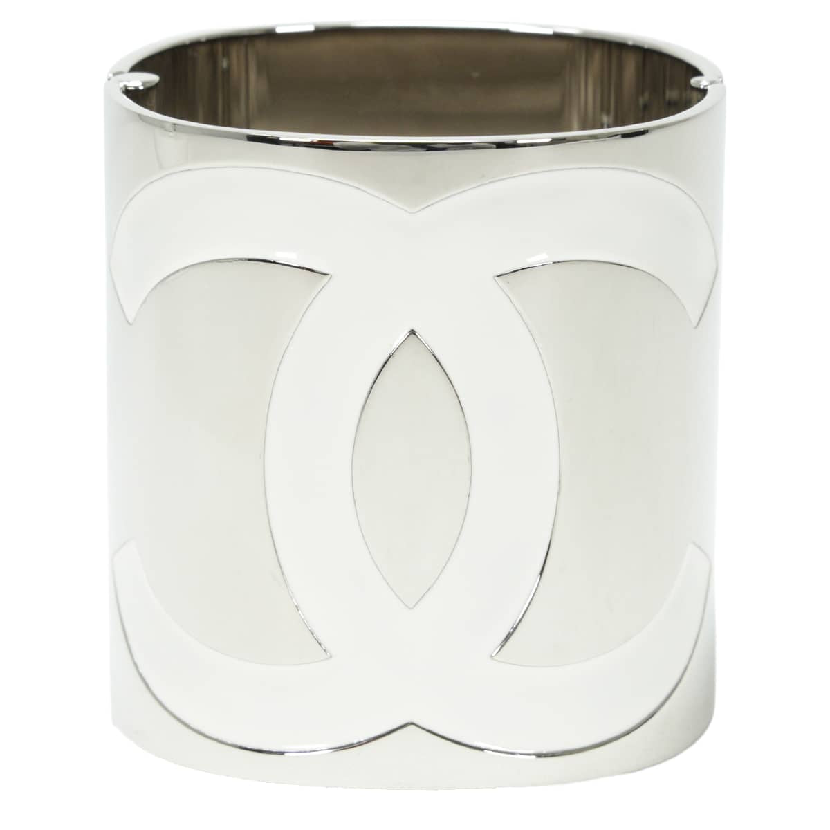 2025 Cruise CHANEL bangle Wide CC logo COCO Mark Silver/Blanc (White) Metal/Resin ABE824[EXCELLENT][Authentic]