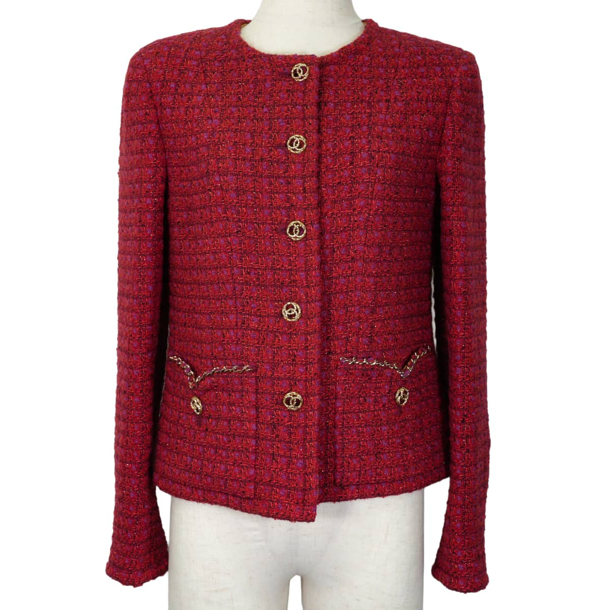 2023AW Metiers d'art collection CHANEL Plainly colored jacket tweed COCO Mark buttons Chain pockets Red Wool/Acrylic/Cotton/Polyamide/Polyester/Viscose #34 Gold HW P75484[EXCELLENT][Authentic]