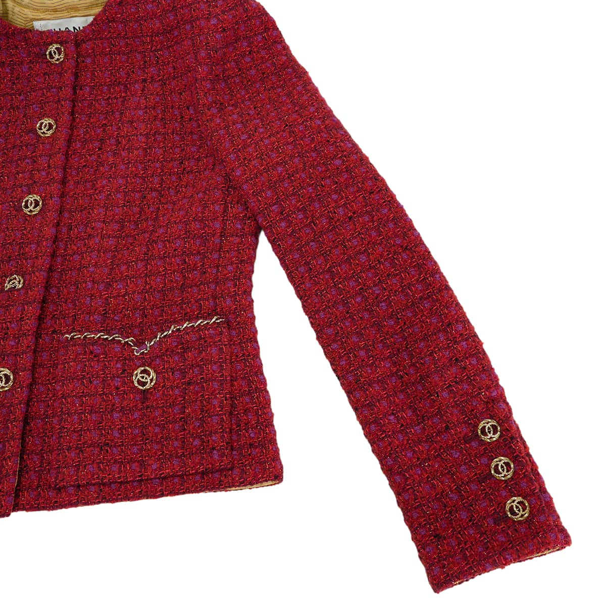 2023AW Metiers d'art collection CHANEL Plainly colored jacket tweed COCO Mark buttons Chain pockets Red Wool/Acrylic/Cotton/Polyamide/Polyester/Viscose #34 Gold HW P75484[EXCELLENT][Authentic]
