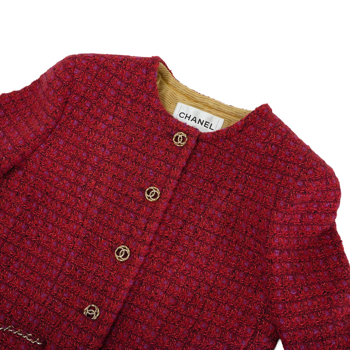 2023AW Metiers d'art collection CHANEL Plainly colored jacket tweed COCO Mark buttons Chain pockets Red Wool/Acrylic/Cotton/Polyamide/Polyester/Viscose #34 Gold HW P75484[EXCELLENT][Authentic]