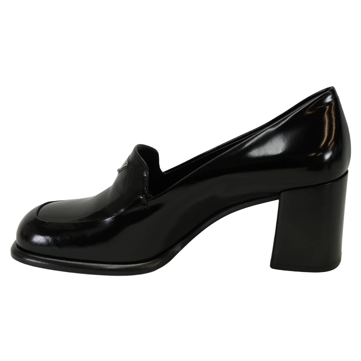 PRADA loafers Pumps triangle logo chunky heel Noir (Black) Stride Brushed Leather #37.5 1D563O[EXCELLENT][Authentic]