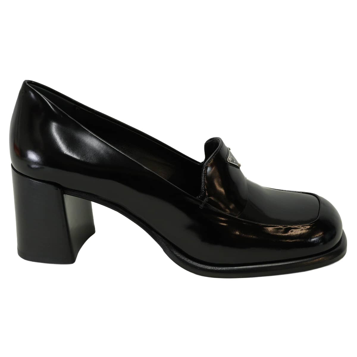 PRADA loafers Pumps triangle logo chunky heel Noir (Black) Stride Brushed Leather #37.5 1D563O[EXCELLENT][Authentic]