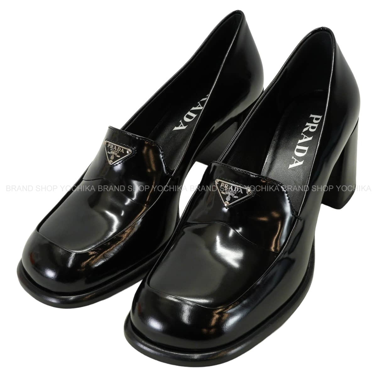 PRADA loafers Pumps triangle logo chunky heel Noir (Black) Stride Brushed Leather #37.5 1D563O[EXCELLENT][Authentic]