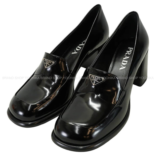 PRADA loafers Pumps triangle logo chunky heel Noir (Black) Stride Brushed Leather #37.5 1D563O[EXCELLENT][Authentic]