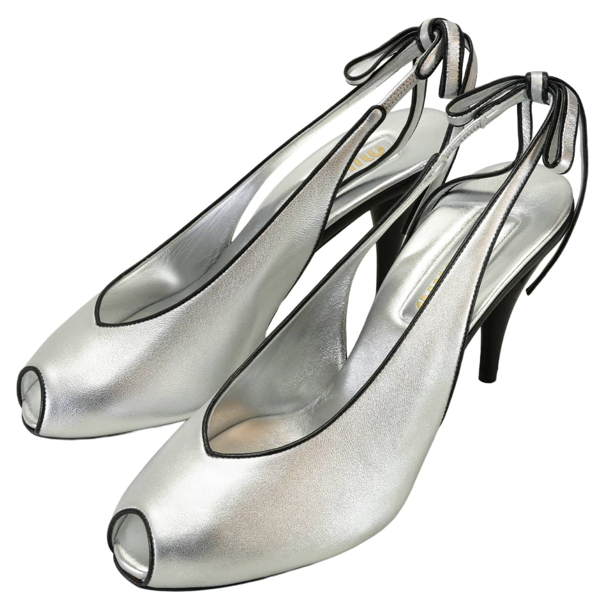 2025SS Miu Miu pumps Mordore Open Toe slingback Silver/Noir (Black) Nappa leather #38[BRAND NEW][Authentic]