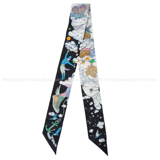 2022AW HERMES scarf Twilly Sur Mon NuageBlue Noir/Mauve/Multicolor Silk100% 063900S 14[EXCELLENT][Authentic]