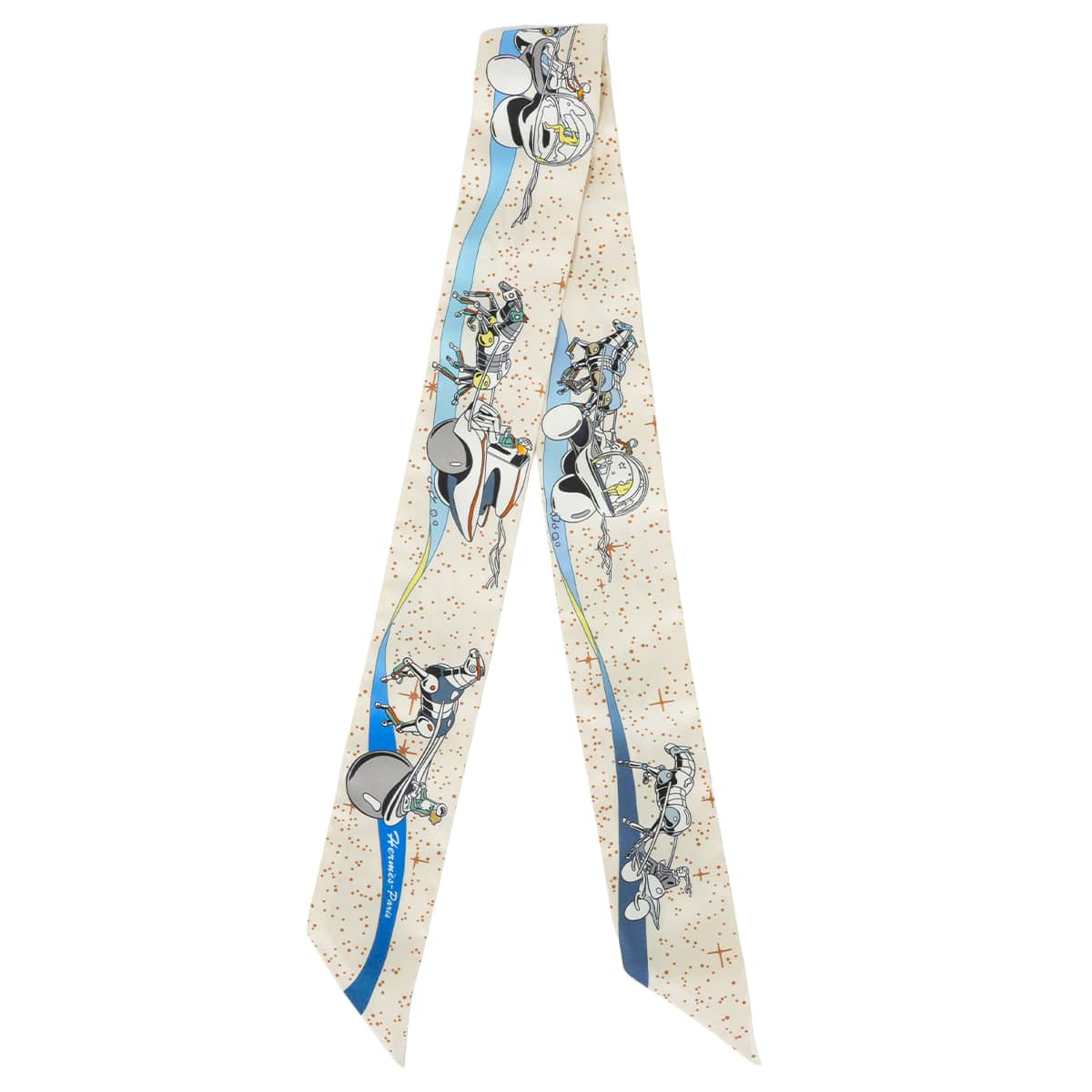 HERMES scarf Twilly Space Derby Cream/Blue/Multicolor Silk100% 063573S 04[EXCELLENT][Authentic]