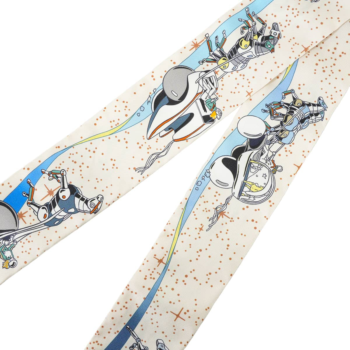 HERMES scarf Twilly Space Derby Cream/Blue/Multicolor Silk100% 063573S 04[EXCELLENT][Authentic]