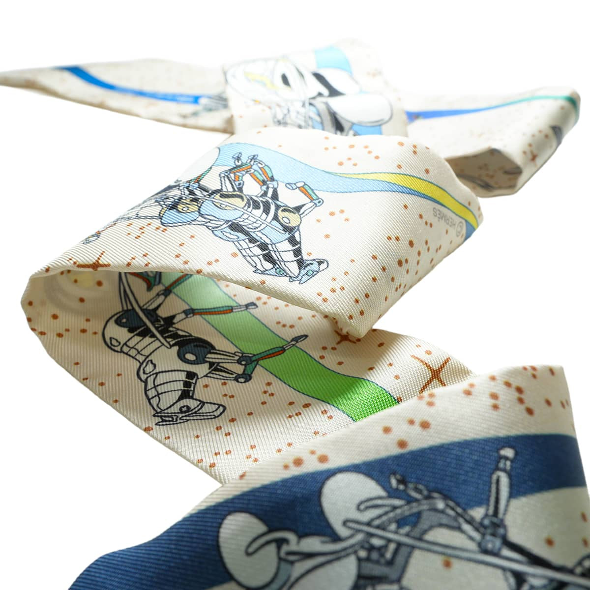 HERMES scarf Twilly Space Derby Cream/Blue/Multicolor Silk100% 063573S 04[EXCELLENT][Authentic]