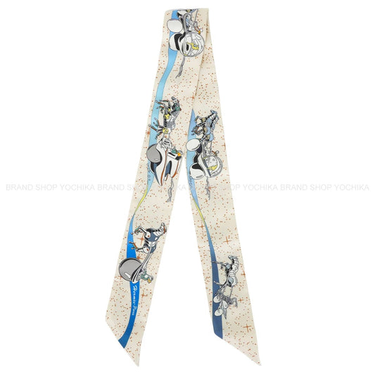 HERMES scarf Twilly Space Derby Cream/Blue/Multicolor Silk100% 063573S 04[EXCELLENT][Authentic]