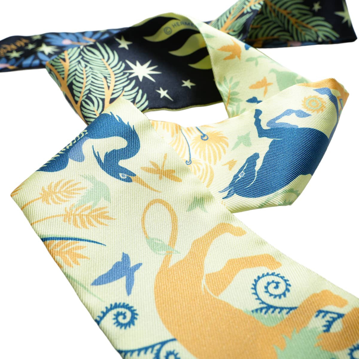 2022AW HERMES scarf Twilly Sous le Charme d'OrpheeBlue Noir/Jaune Soufre/Rose Silk100% 063702S 06[EXCELLENT][Authentic]