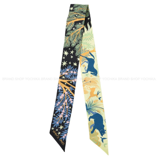 2022AW HERMES scarf Twilly Sous le Charme d'OrpheeBlue Noir/Jaune Soufre/Rose Silk100% 063702S 06[EXCELLENT][Authentic]