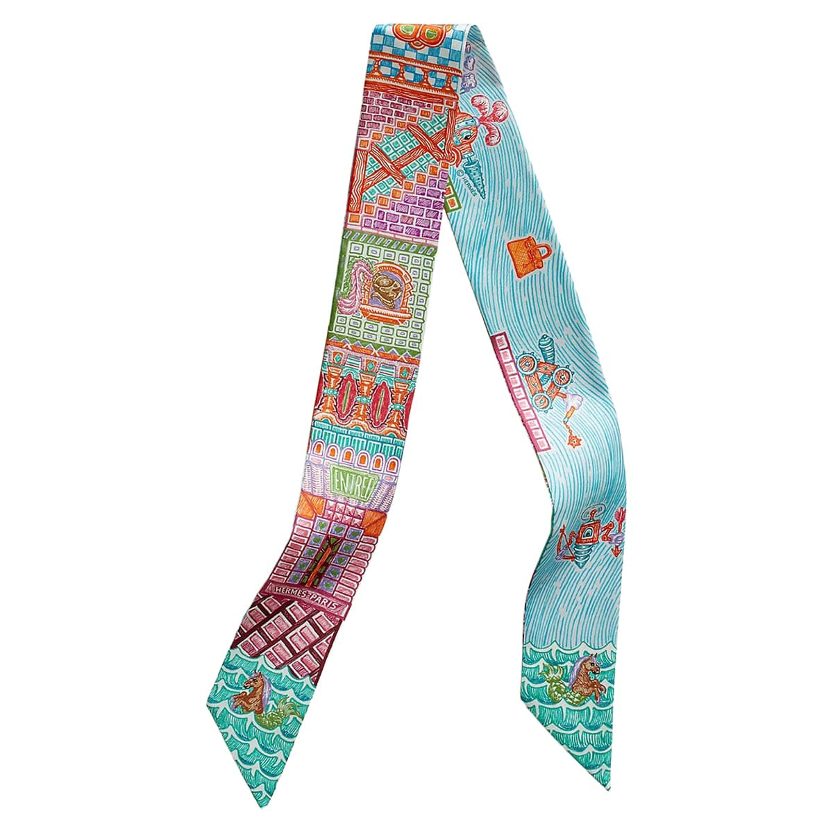 2023AW HERMES scarf Twilly Super Silk Quest Rose/Turquoise/Orange Silk100%[EXCELLENT][Authentic]