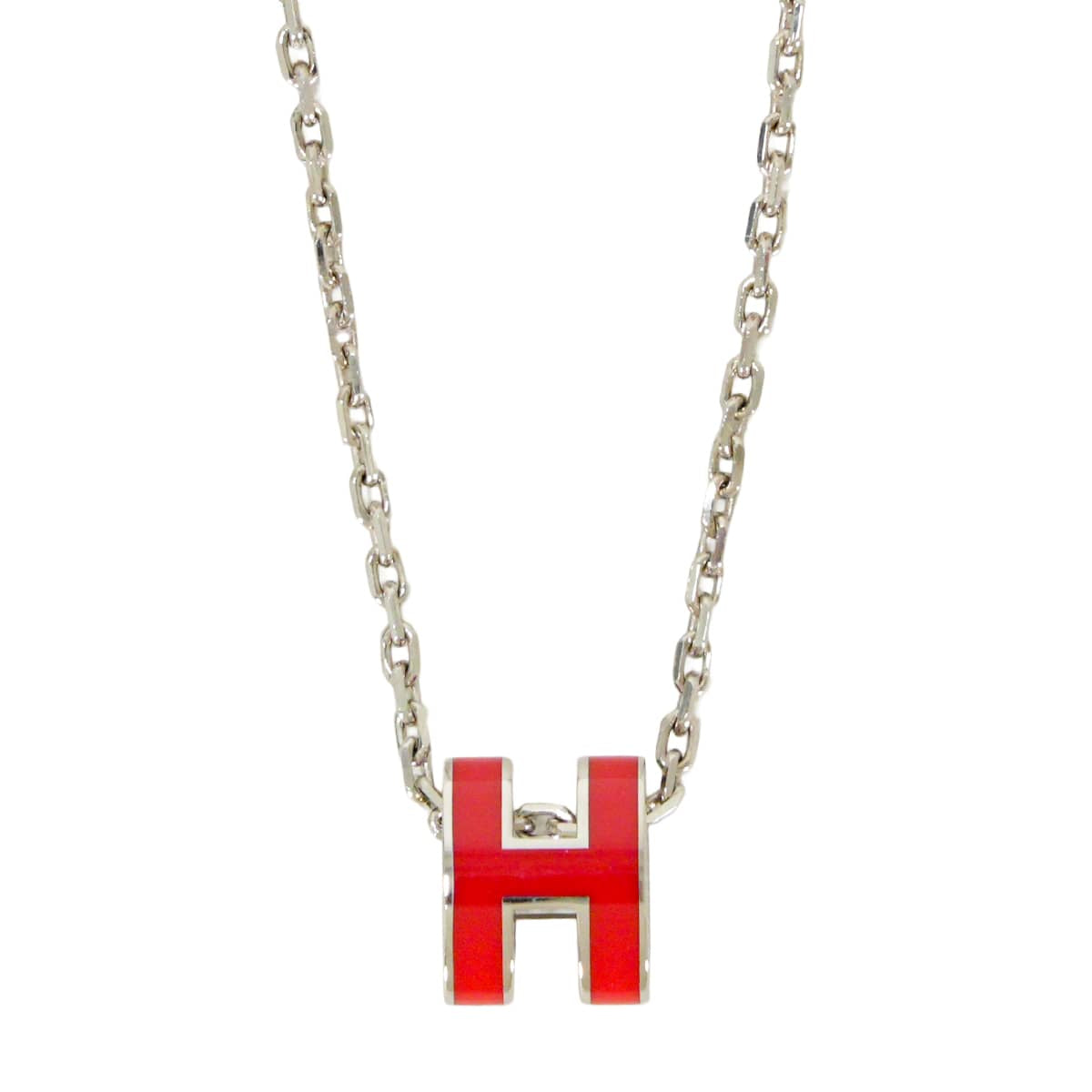 HERMES necklace Mini Pop H Pendant Rouge Vif Silver plated/Lacquer[EXCELLENT][Authentic]