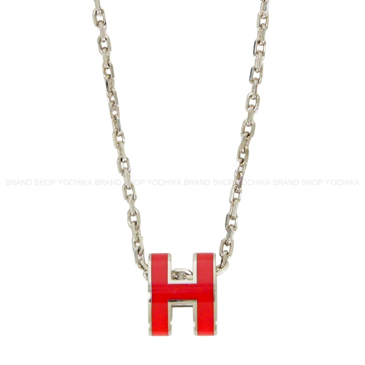 HERMES necklace Mini Pop H Pendant Rouge Vif Silver plated/Lacquer[EXCELLENT][Authentic]