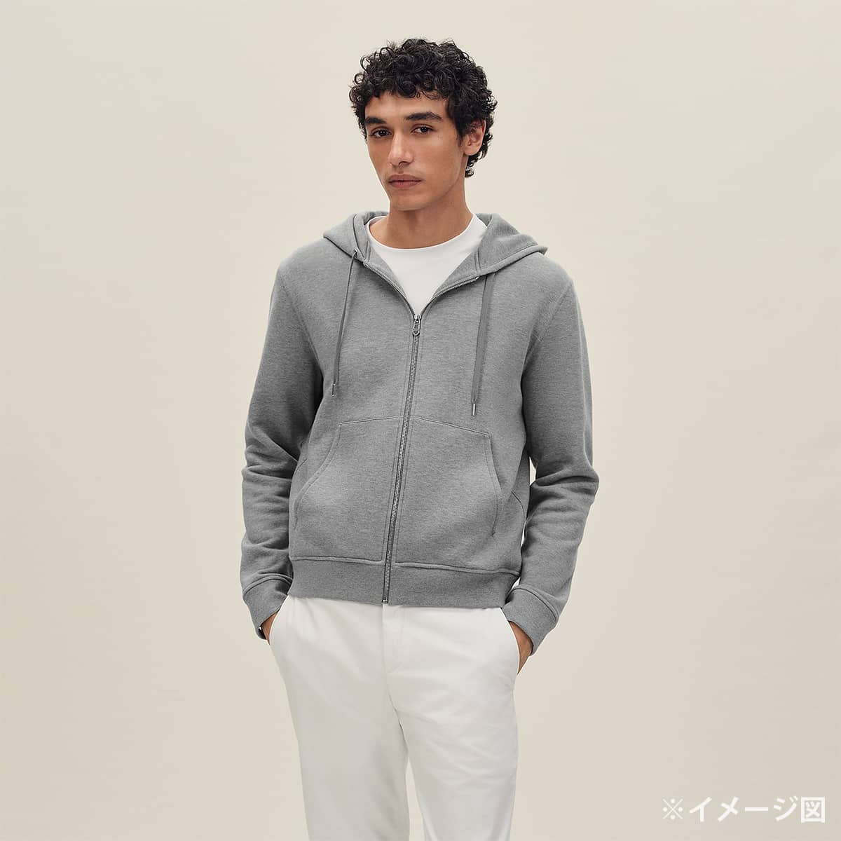 HERMES Hooded sweatshirt Men's Zip-up Ex-Libris with back print Grey/Noir (Black)/Blanc (White) Cotton/Silk/Polyester #L Silver HW H657750HB76SM[EXCELLENT][Authentic]