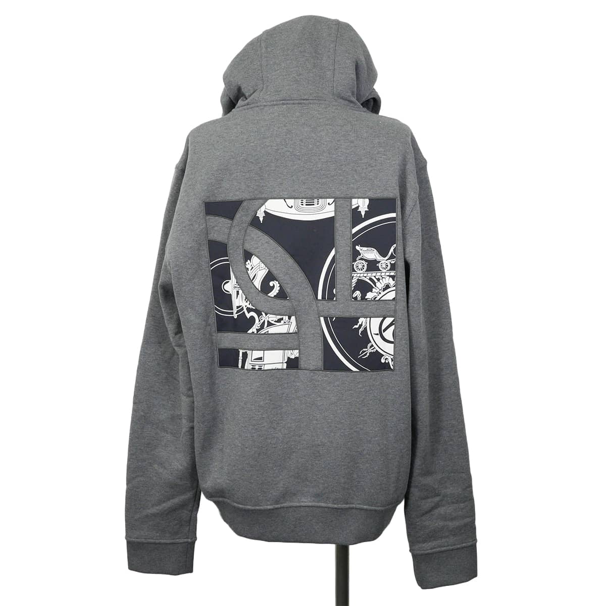 HERMES Hooded sweatshirt Men's Zip-up Ex-Libris with back print Grey/Noir (Black)/Blanc (White) Cotton/Silk/Polyester #L Silver HW H657750HB76SM[EXCELLENT][Authentic]