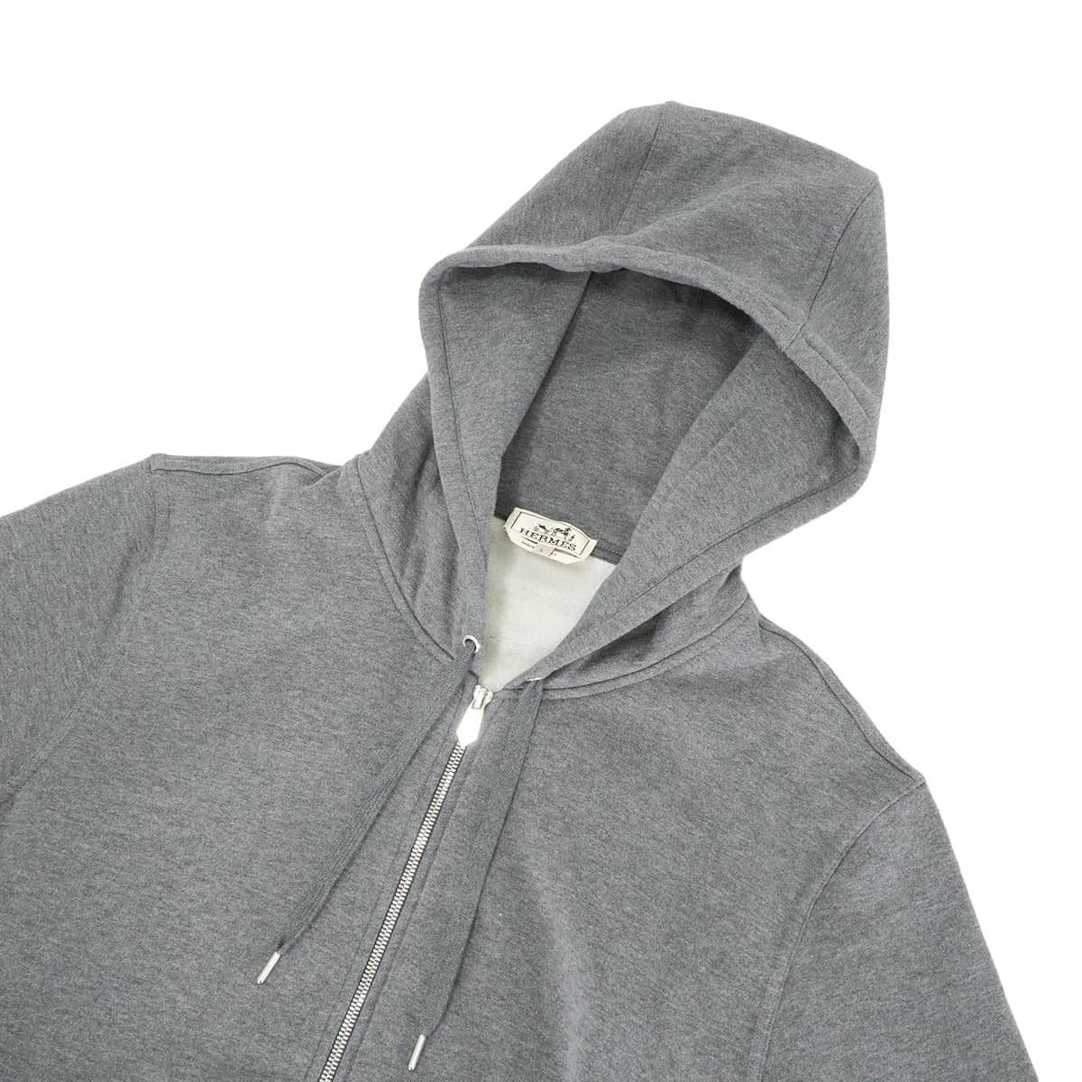 HERMES Hooded sweatshirt Men's Zip-up Ex-Libris with back print Grey/Noir (Black)/Blanc (White) Cotton/Silk/Polyester #L Silver HW H657750HB76SM[EXCELLENT][Authentic]