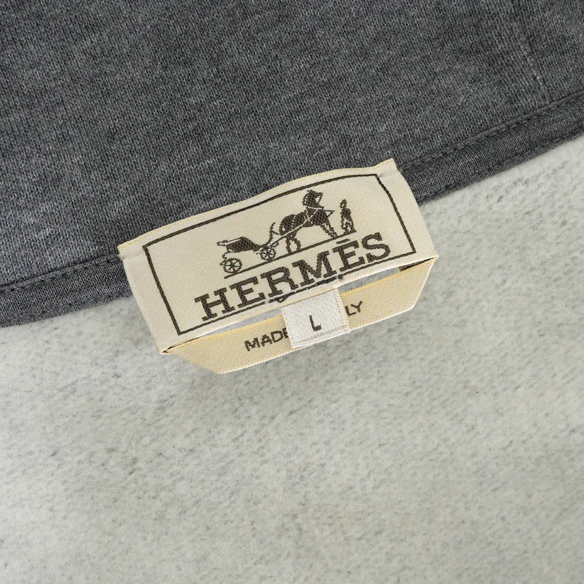 HERMES Hooded sweatshirt Men's Zip-up Ex-Libris with back print Grey/Noir (Black)/Blanc (White) Cotton/Silk/Polyester #L Silver HW H657750HB76SM[EXCELLENT][Authentic]